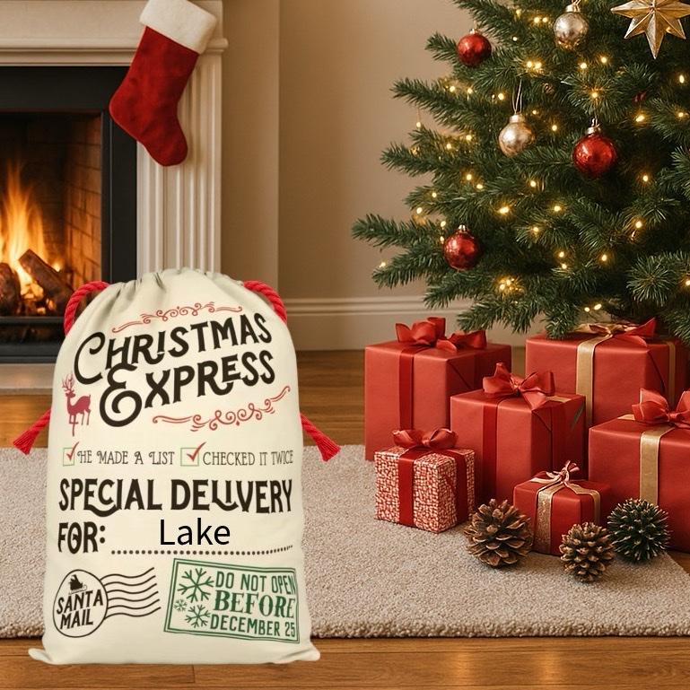 Large Premium Personalised Christmas Sack – Christmas express special delivery design - Santa Gift Bag – Custom Name – Kids & Adults - Personalised Christmas stocking 64cmx48cm