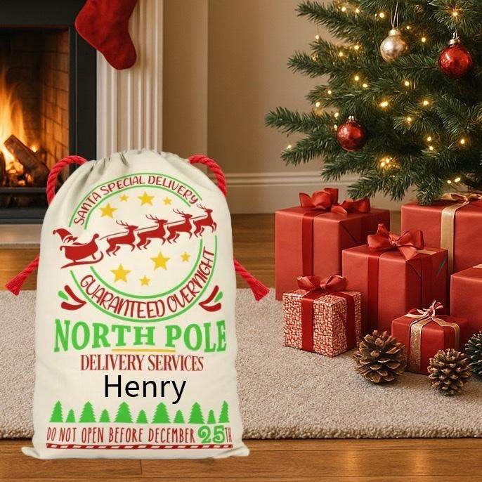 Large Premium Personalised Christmas Sack – North Pole delivery services design - Santa Gift Bag – Custom Name – Kids & Adults - Personalised Christmas stocking 64cmx48cm