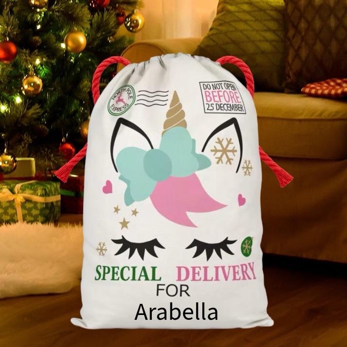 Large Premium Personalised Christmas Sack – Unicorn design - Santa Gift Bag – Custom Name – Kids & Adults - Personalised Christmas stocking 64cmx48cm