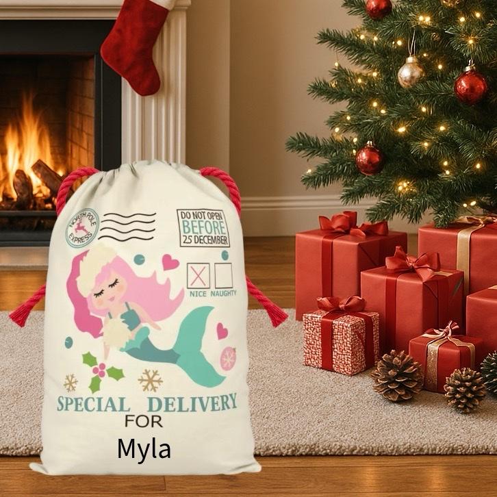 Large Premium Personalised Christmas Sack – Mermaid design - Santa Gift Bag – Custom Name – Kids & Adults - Personalised Christmas stocking 64cmx48cm