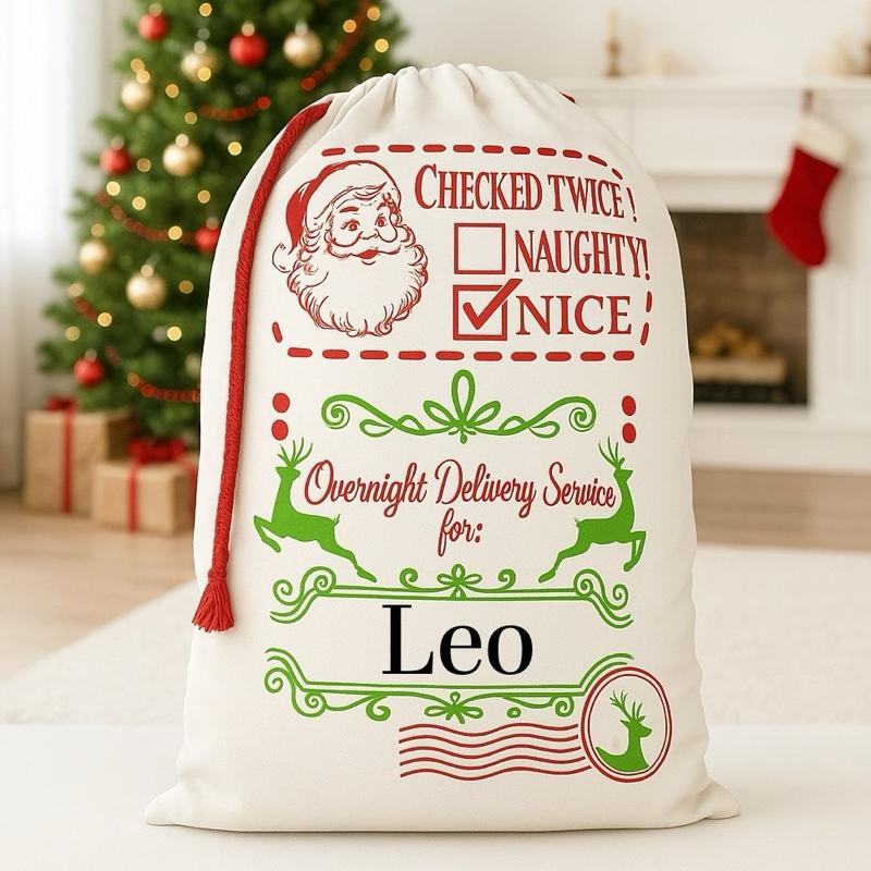 Large Premium Personalised Christmas Sack – Overnight delivery design - Santa Gift Bag – Custom Name – Kids & Adults - Personalised Christmas stocking 64cmx48cm