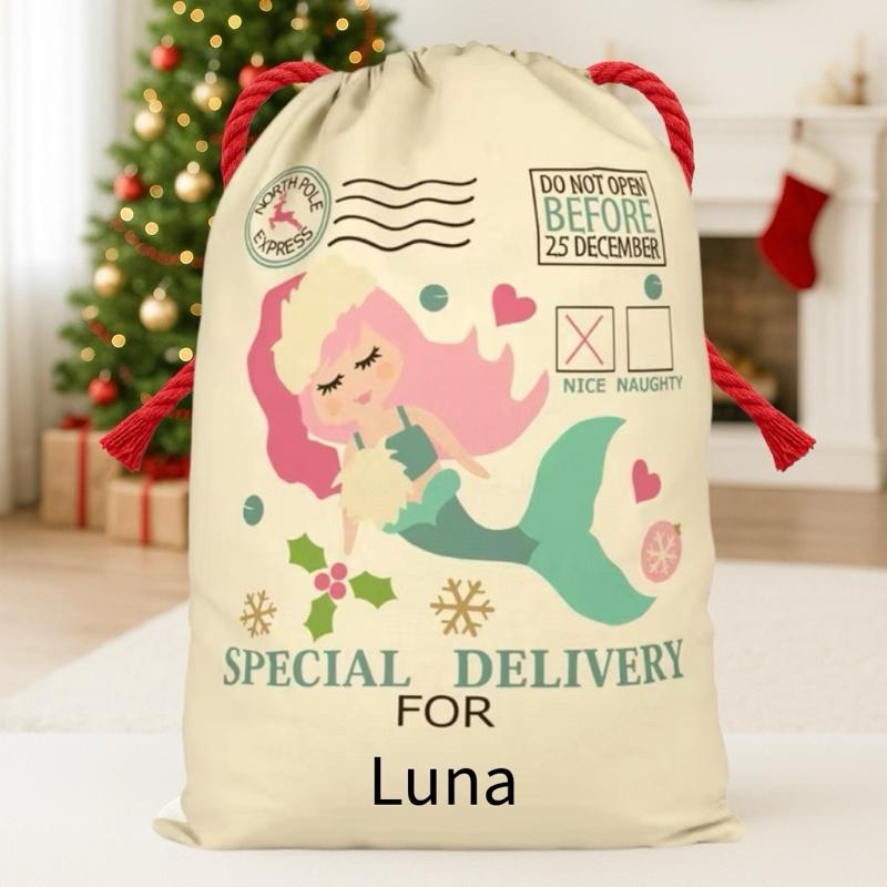Large Premium Personalised Christmas Sack – Mermaid design - Santa Gift Bag – Custom Name – Kids & Adults - Personalised Christmas stocking 64cmx48cm