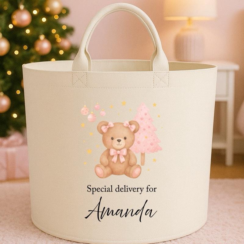 Personalised ‘special delivery’ christmas bear trug storage Felt Trug basket, perfect gifts girls boys mum dad fun cute funny  kids gift storage basket trugs toy storage Xmas eve gift Lightweight Organiser Artwork Chocolate stocking filler gifts