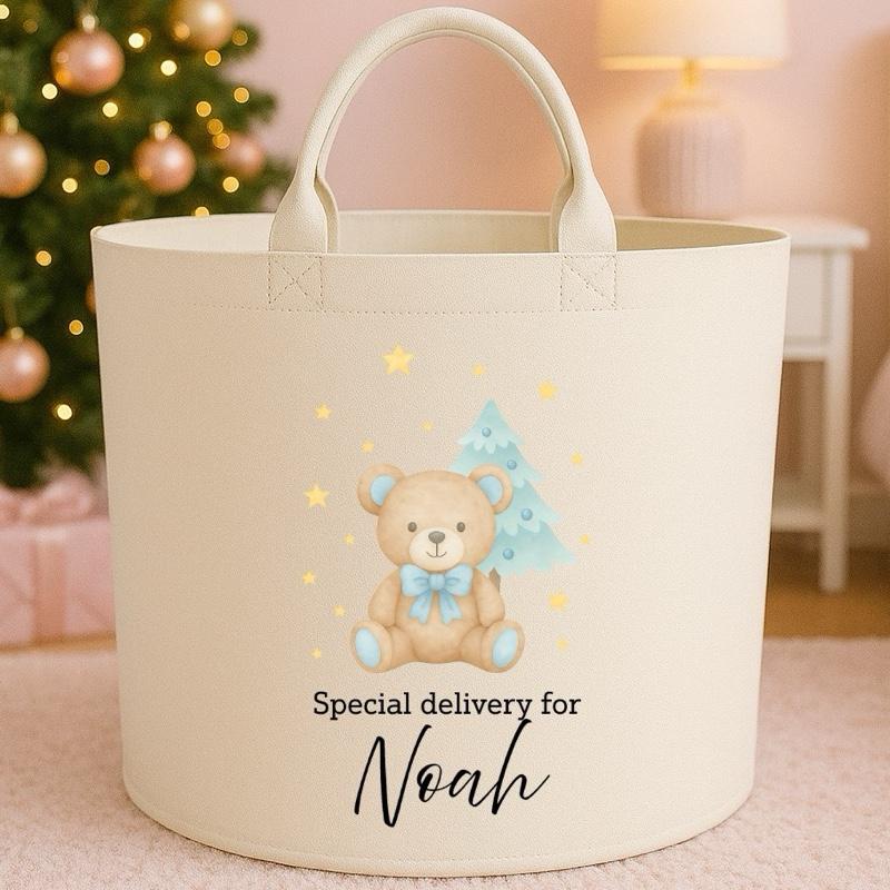 Personalised ‘special delivery’ christmas bear trug storage Felt Trug basket, perfect gifts girls boys mum dad fun cute funny  kids gift storage basket trugs toy storage Xmas eve gift Lightweight Organiser Artwork Chocolate stocking filler gifts