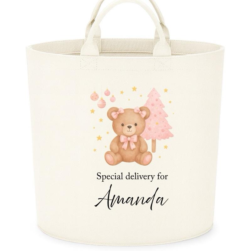 Personalised ‘special delivery’ christmas bear trug storage Felt Trug basket, perfect gifts girls boys mum dad fun cute funny  kids gift storage basket trugs toy storage Xmas eve gift Lightweight Organiser Artwork Chocolate stocking filler gifts
