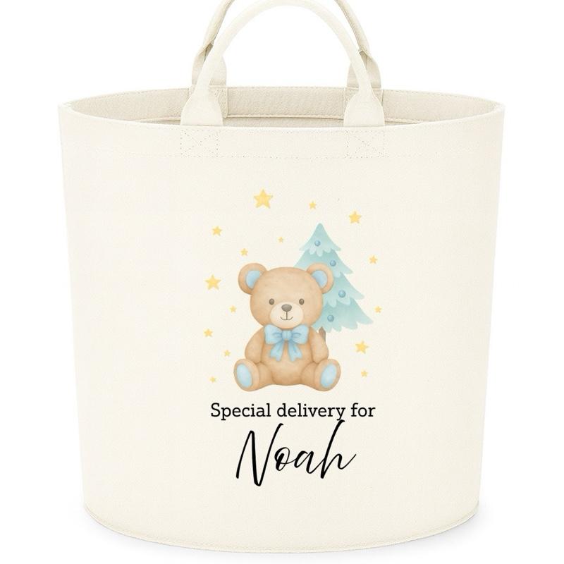 Personalised ‘special delivery’ christmas bear trug storage Felt Trug basket, perfect gifts girls boys mum dad fun cute funny  kids gift storage basket trugs toy storage Xmas eve gift Lightweight Organiser Artwork Chocolate stocking filler gifts