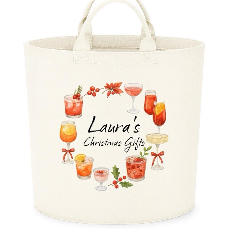 Personalised Christmas drinks gifts storage Felt Trug basket, perfect gifts boys girls mum dad kids gift storage basket trugs toy storage Xmas eve gift Lightweight Organiser Artwork Chocolate stocking filler