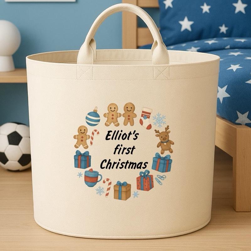 Personalised First christmas Box Storage Felt Trug Basket 40cm x 40cm Perfect Gift for Boys Kids Toy Storage Xmas Eve Gift Lightweight Organiser Artwork Chocolate Stocking Filler cute fun girls gifts presents 1st Christmas gift cute baby gifts