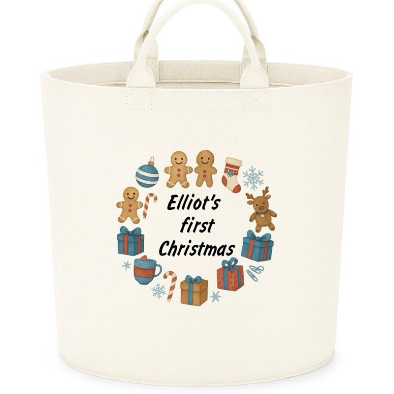 Personalised First christmas Box Storage Felt Trug Basket 40cm x 40cm Perfect Gift for Boys Kids Toy Storage Xmas Eve Gift Lightweight Organiser Artwork Chocolate Stocking Filler cute fun girls gifts presents 1st Christmas gift cute baby gifts
