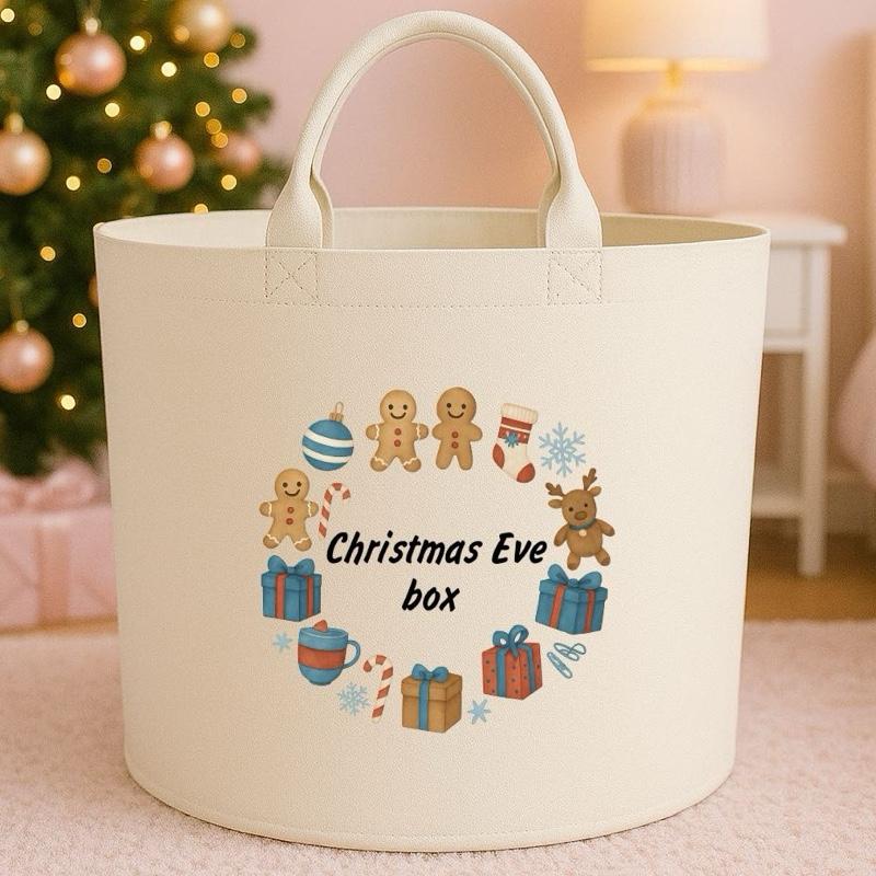 Personalised Christmas Eve Box Storage Felt Trug Basket 40cm x 40cm Perfect Gift for Boys Kids Toy Storage Xmas Eve Gift Lightweight Organiser Artwork Chocolate Stocking Filler cute fun girls gifts presents