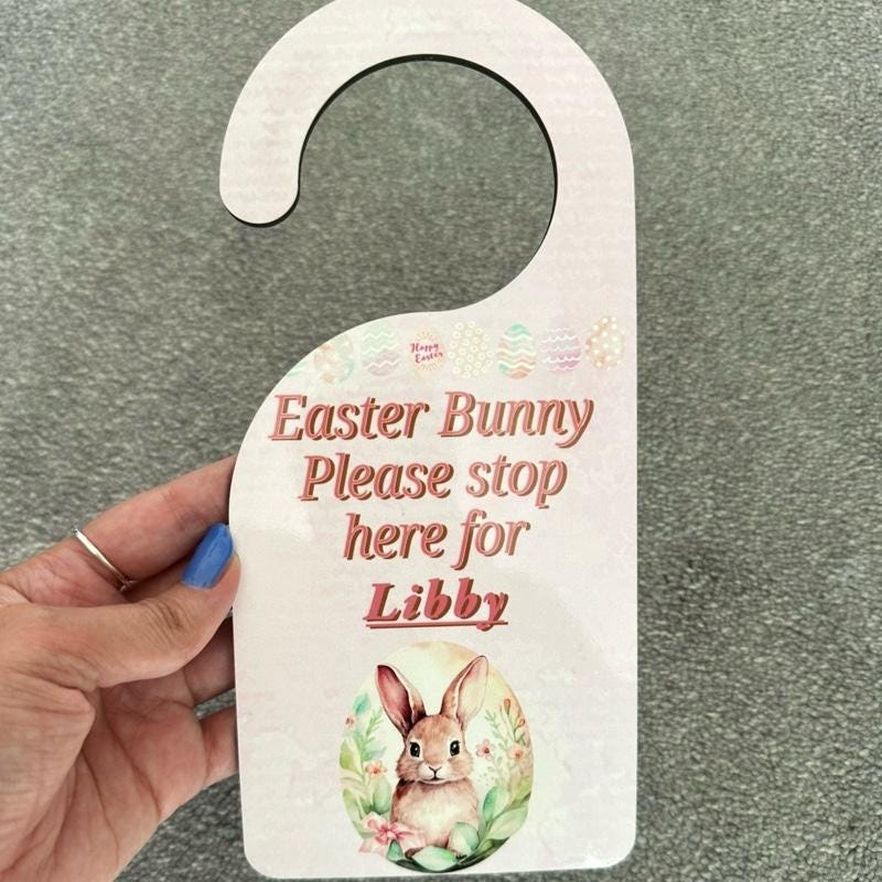 Personalised easter bunny please stop here door hanger door sign for kids - pink/blue - hangable, ornaments, hanging, decoration, decor gift