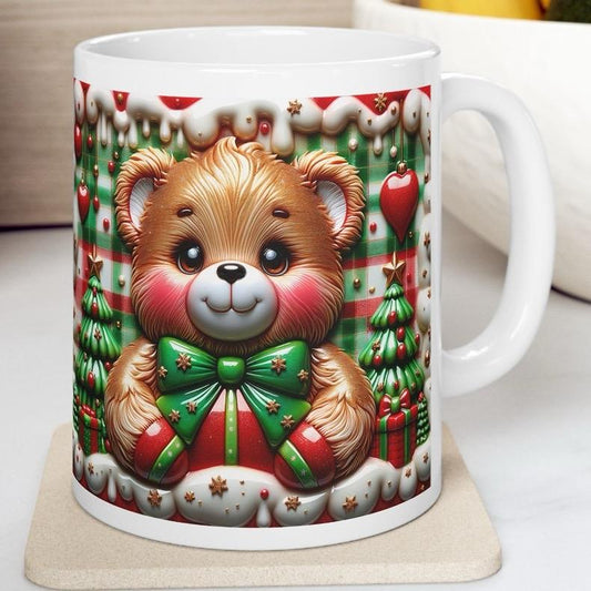Cute funny 3d christmas teddy bear mug – festive green and red design, perfect for holiday cheer and gifts! drinkware reusable tumblers cu
