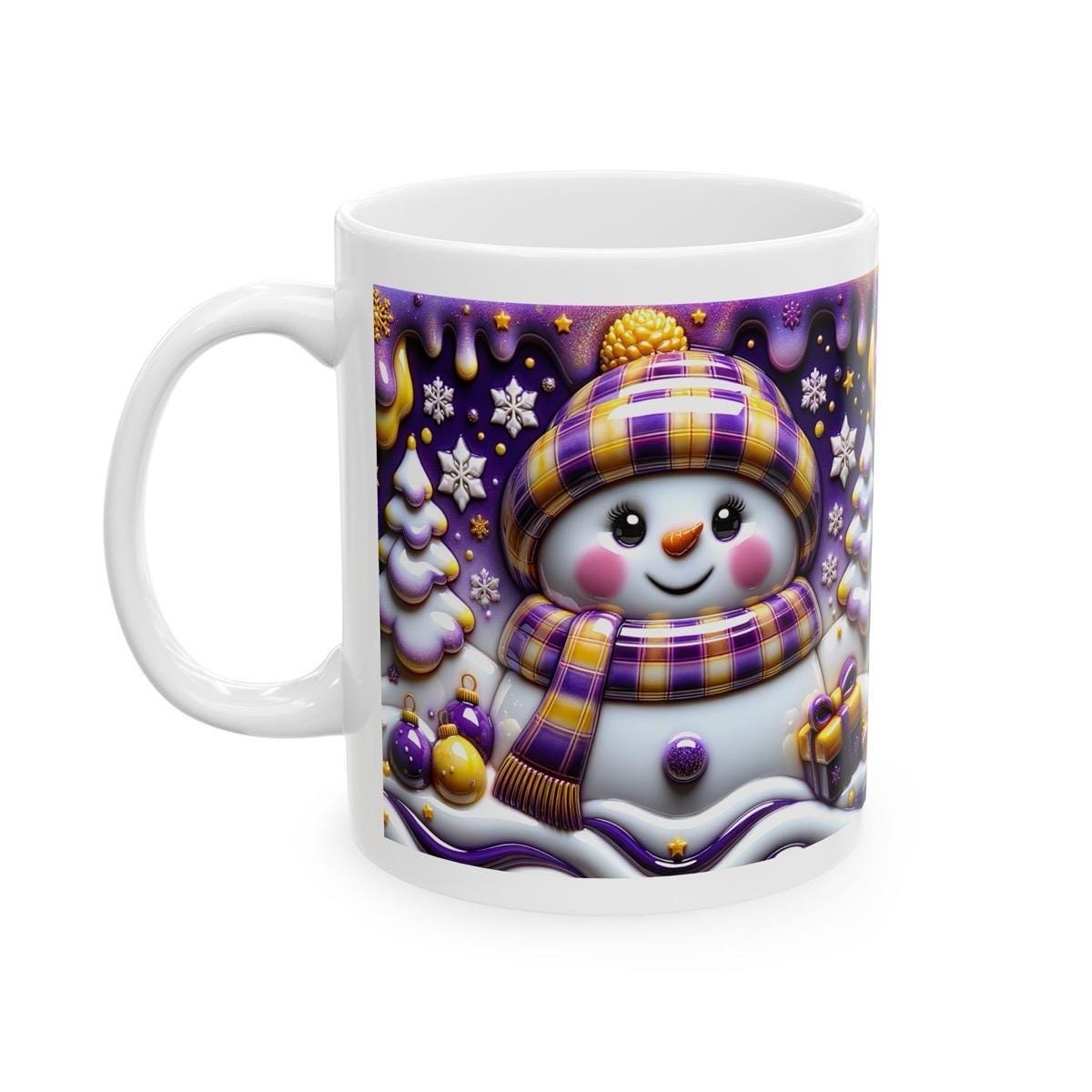 3d snowman christmas mug – festive holiday cup with cosy purple and gold accents, ideal for christmas gifting! drinkware tumbler reusable
