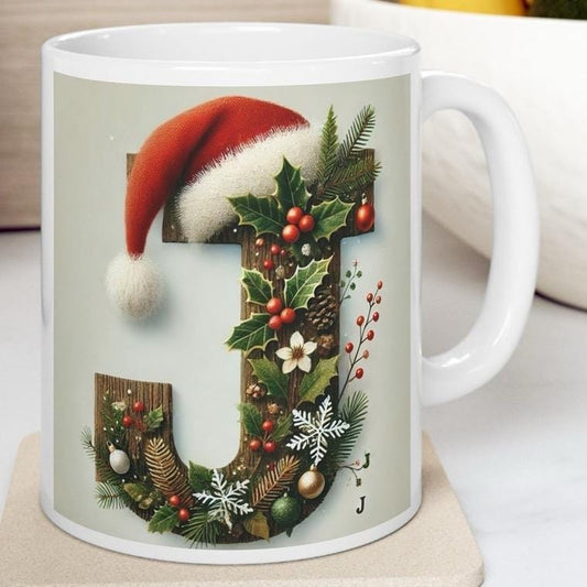 Personalised 'j' edition christmas mug - unique gift for xmas - stocking filler - drinkware washable reusable reuse ceramic cup tumbler coff