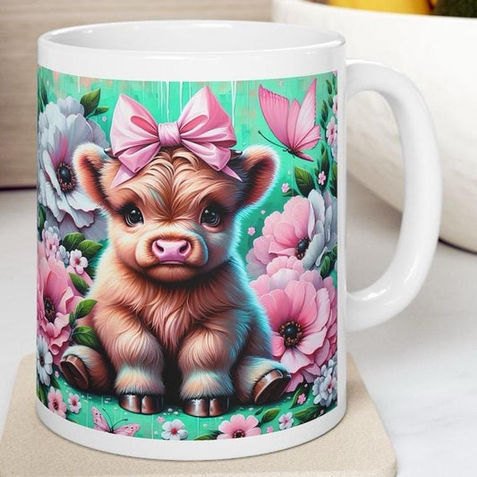 Cute highland cow in flowery garden 3d mug - perfect for your morning drinks - drinkware washable tumbler coffee reusable cup reuse ceramic