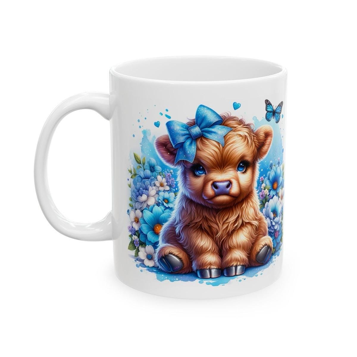 Cute highland cow 3d mug with blue bow in blue garden - perfect for your morning drinks - tumblers, drinkware washable cup reusable ceramic