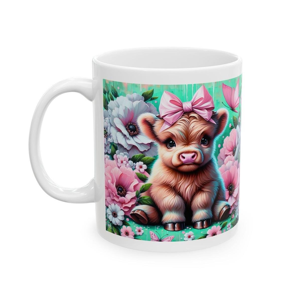Cute highland cow in flowery garden 3d mug - perfect for your morning drinks - drinkware washable tumbler coffee reusable cup reuse ceramic