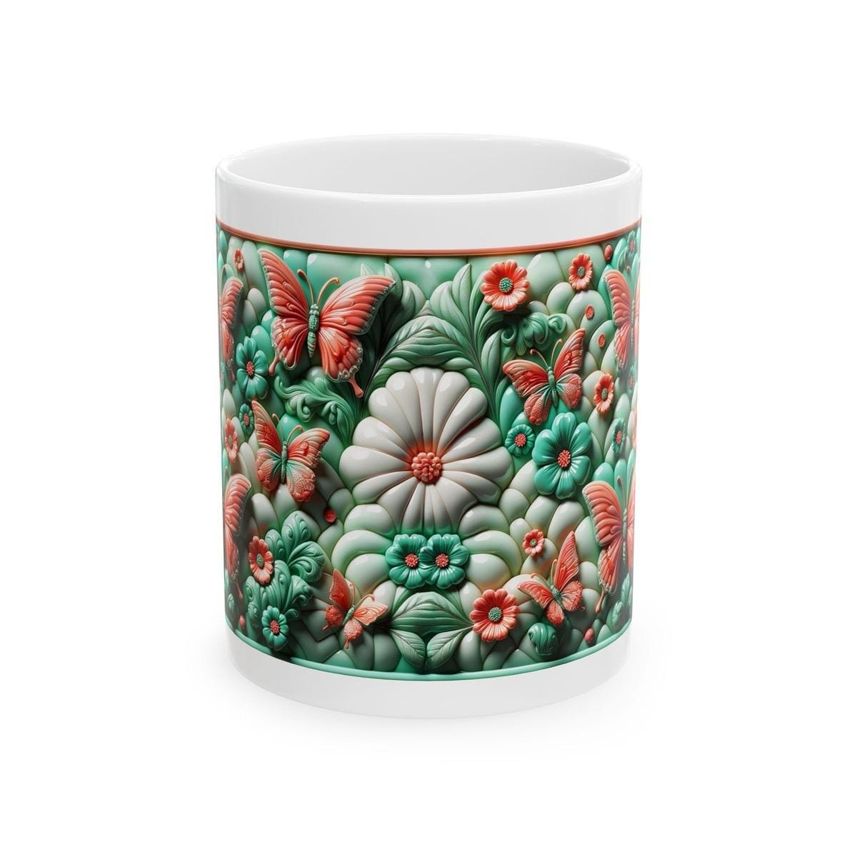 Teal corral butterfly flower 3d mug - perfect for your morning drinks - drinkware tumbler cup reuse reusable washable coffee ceramic xmas