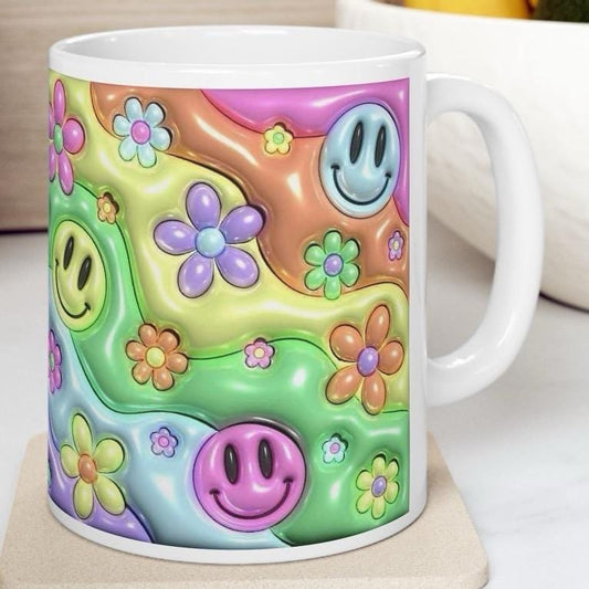 Fun 60's smile flower mug - gift for coffee lovers - drinkware ceramic reusable tumblers washable cup reuse bottles mugs funny cute girly no