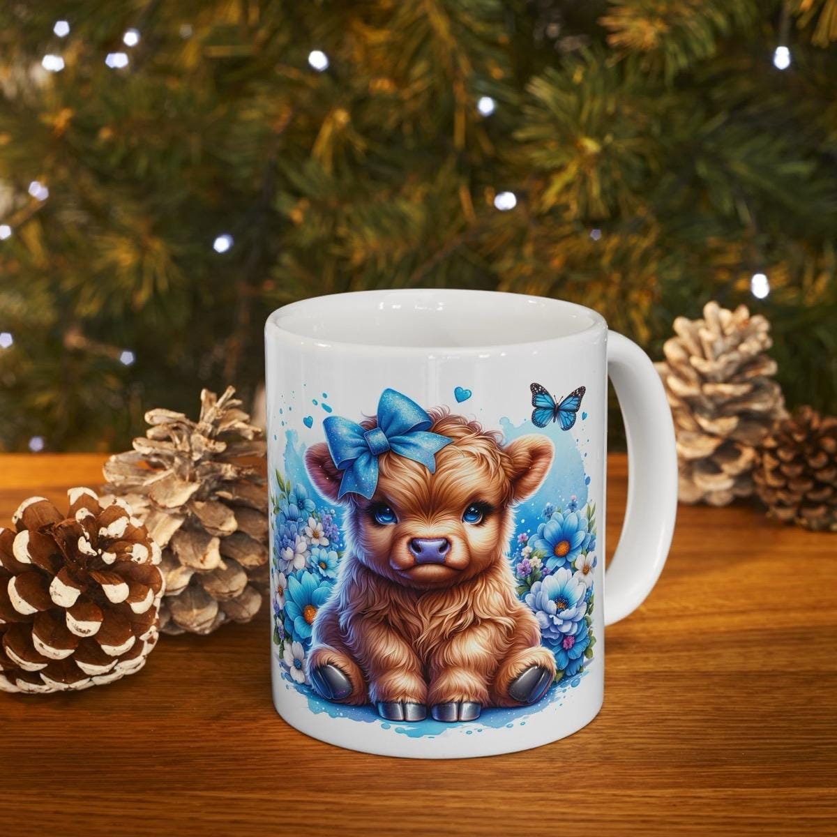 Cute highland cow 3d mug with blue bow in blue garden - perfect for your morning drinks - tumblers, drinkware washable cup reusable ceramic
