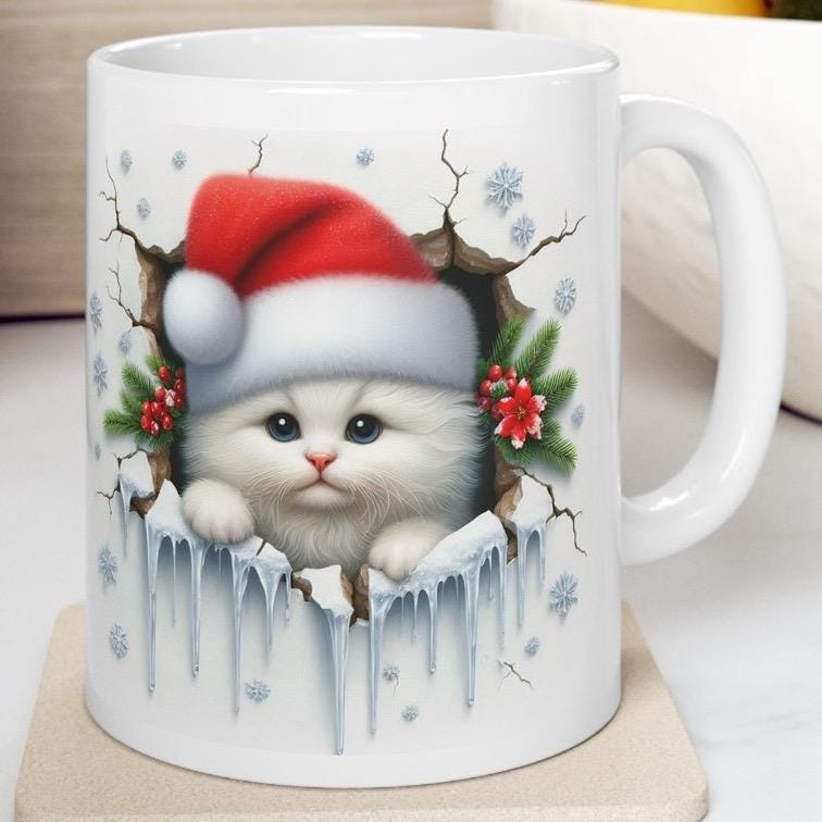 Christmas kitten 3d mug - perfect for your morning drinks - drinkware, tumblers cup bottles reusable ceramic reuse washable kitty coffee xma