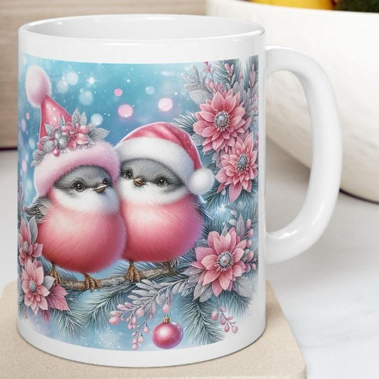 Pink finches christmas mug - perfect for the holidays - drinkware reusable tumbler washable cup reuse ceramic coffee xmas mugs tea festive