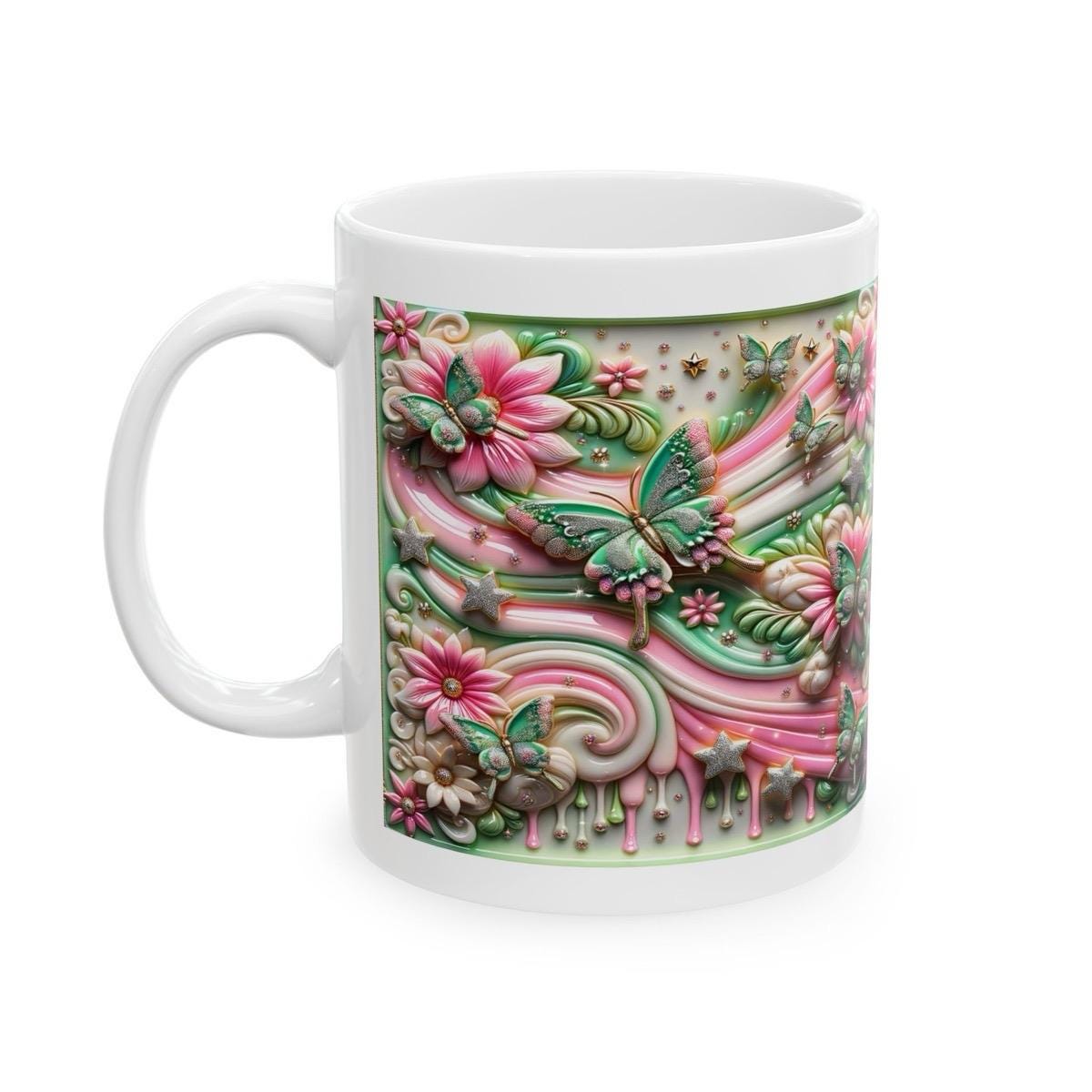 Pink butterfly flower 3d mug - perfect for your morning drinks - drinkware, tumblers coffee stylish tea washable reusable reuse cup ceramic