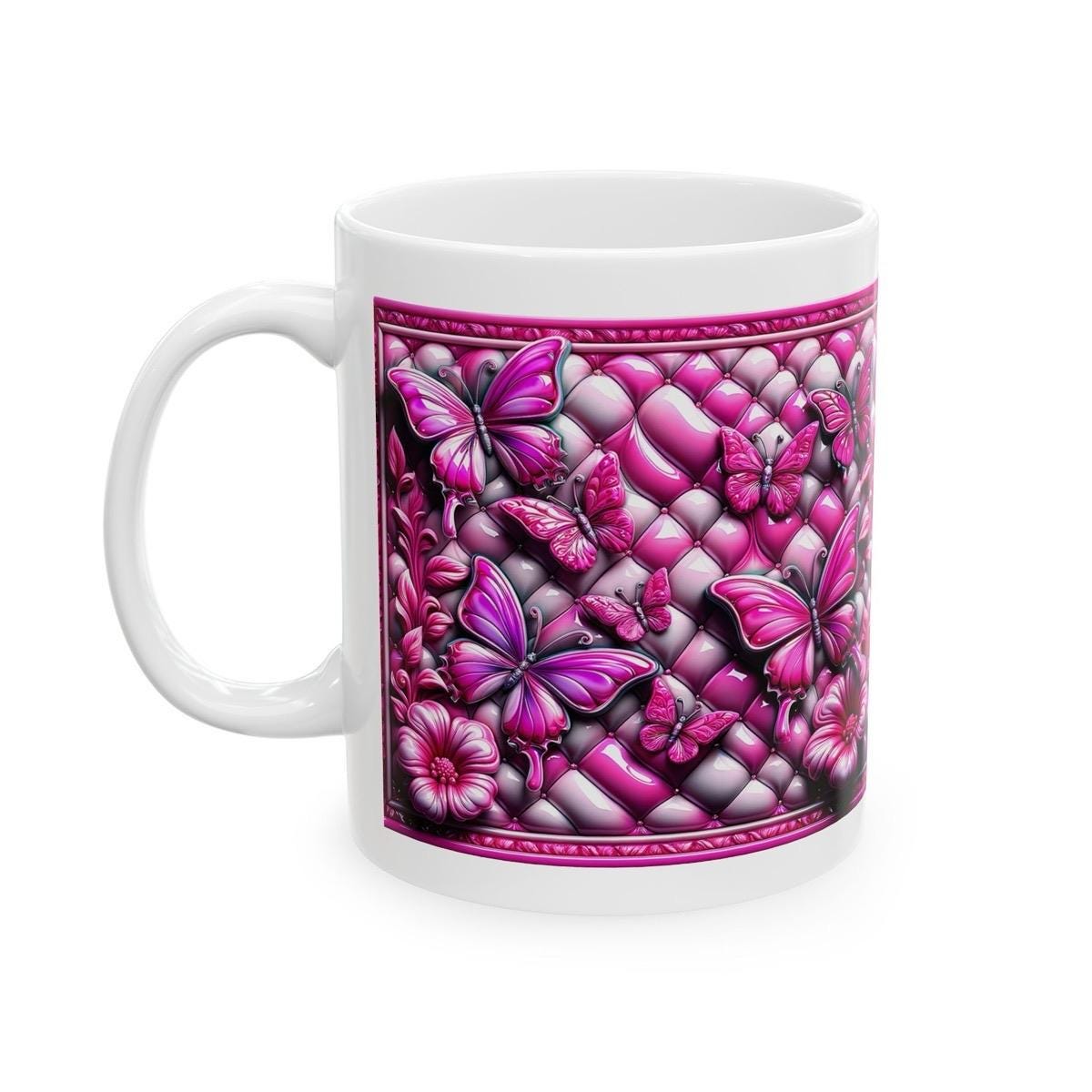 Bright pink quilted butterfly flower 3d mug - perfect for coffee and tea - drinkware tumbler reusable washable cup ceramic reuse xmas mugs