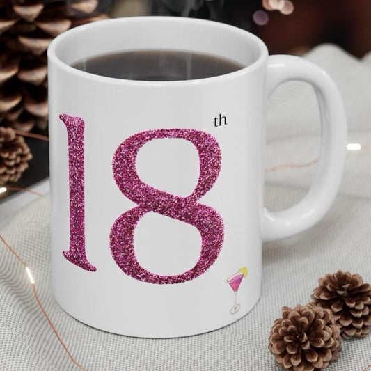 Pink glittery style 18th birthday gift mug for office and home - drinkware, cup reusable tumblers reuse coffee bottles ceramic washable girl