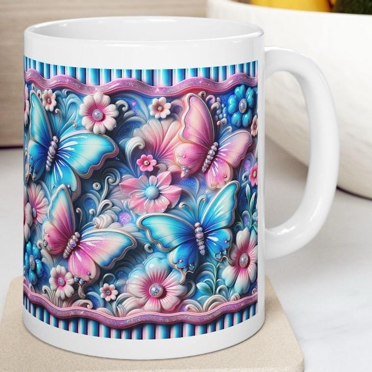 Blue pink butterfly 3d mug - perfect for your morning drinks - drinkware, tumblers cup bottles reusable coffee washable reuse ceramic xmas m