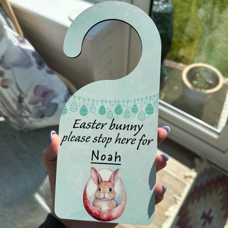 Personalised easter bunny please stop here door hanger for kids - pink/blue - hangable, ornaments, hanging, decoration, decor gift kids gift