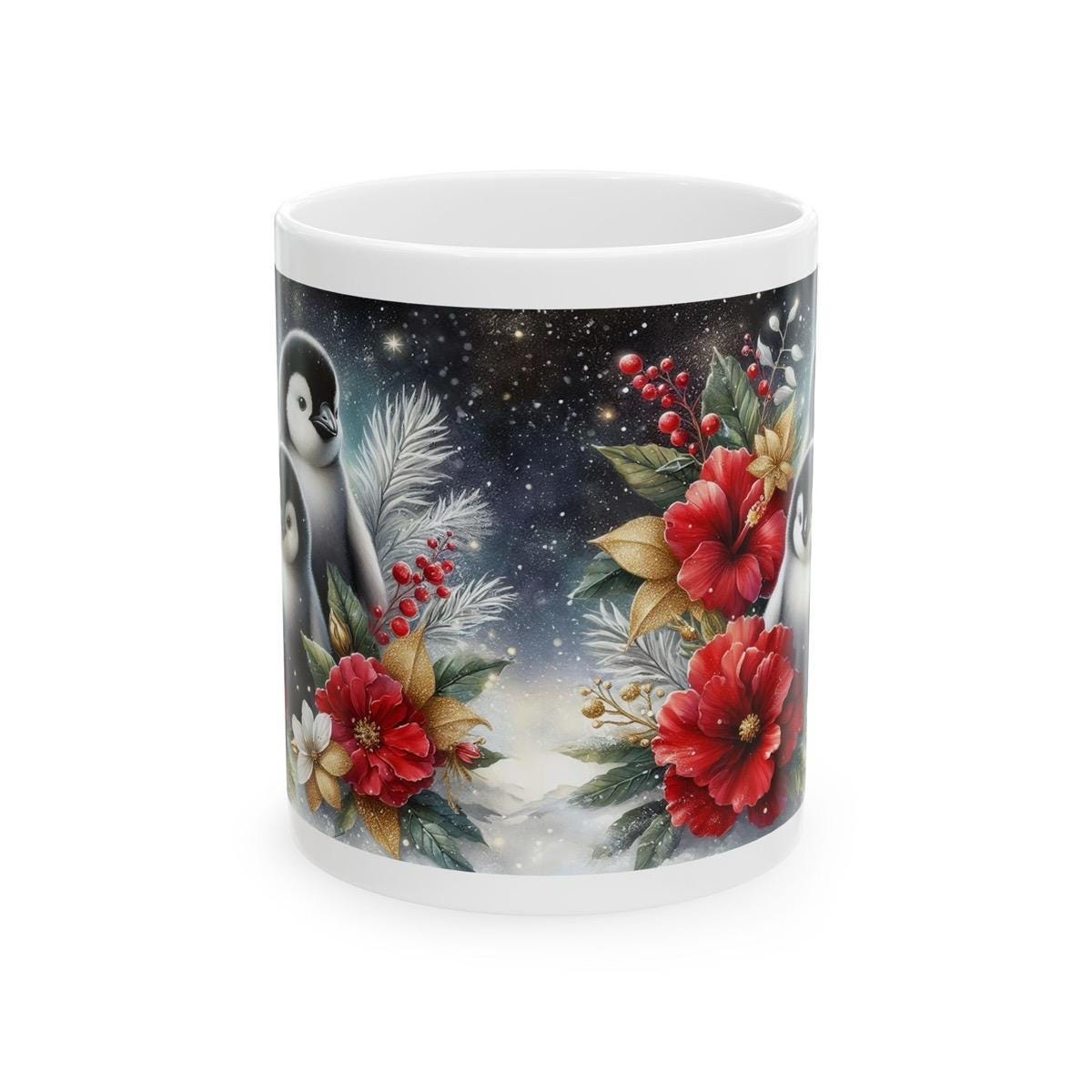 Cute penguins and flowers christmas mug - perfect for your morning drinks - drinkware tumbler coffee reusable cup reuse washable ceramic xma
