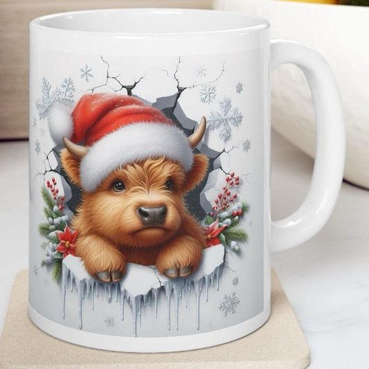 Christmas highland cow 3d mug - perfect for hot drinks - drinkware, cup tumbler reusable washable reuse ceramic coffee xmas mugs tea festive