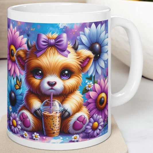 Cute highland cow  drinking iced coffee 3d mug - perfect for your morning drinks - drinkware, tumblers cup washable reusable reuse ceramic x