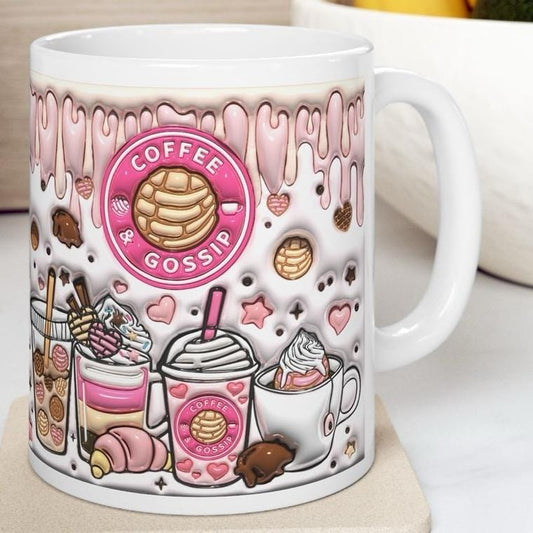 Pretty 3d coffee and gossip girly pink mug - secret santa christmas stocking filler - drinkware tumbler reuse cup washable reusable ceramic