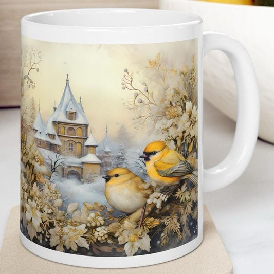 Winter serenity christmas mug with birds castle design - perfect secret santa stocking filler gift drinkware tumbler washable reuse cup cera