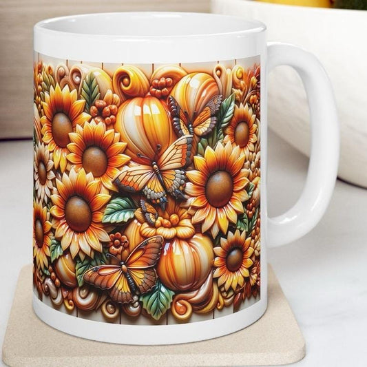 Autumn harvest sunflower butterflies 3d design mug - perfect for coffee and tea drinkware tumbler cup washable ceramic reuse reusable xmas m