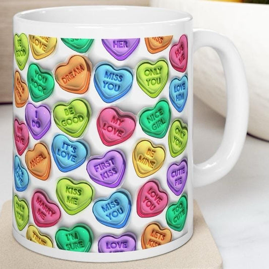 Cute love hearts sweets mug - kiss me miss me love you, perfect for drinking drinks - drinkware, tumblers cup reusable washable ceramic reus