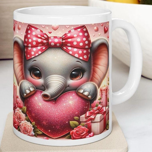 Cute elephant valentine's day mug - heart love design - perfect gift for drink lovers - drinkware washable tumbler cup reusable coffee reuse