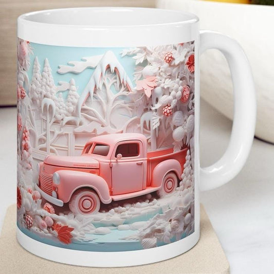 Festive retro pink truck christmas wonderland mug - secret santa stocking filler gift - gifts drinkware reusable washable tumbler xmas mugs