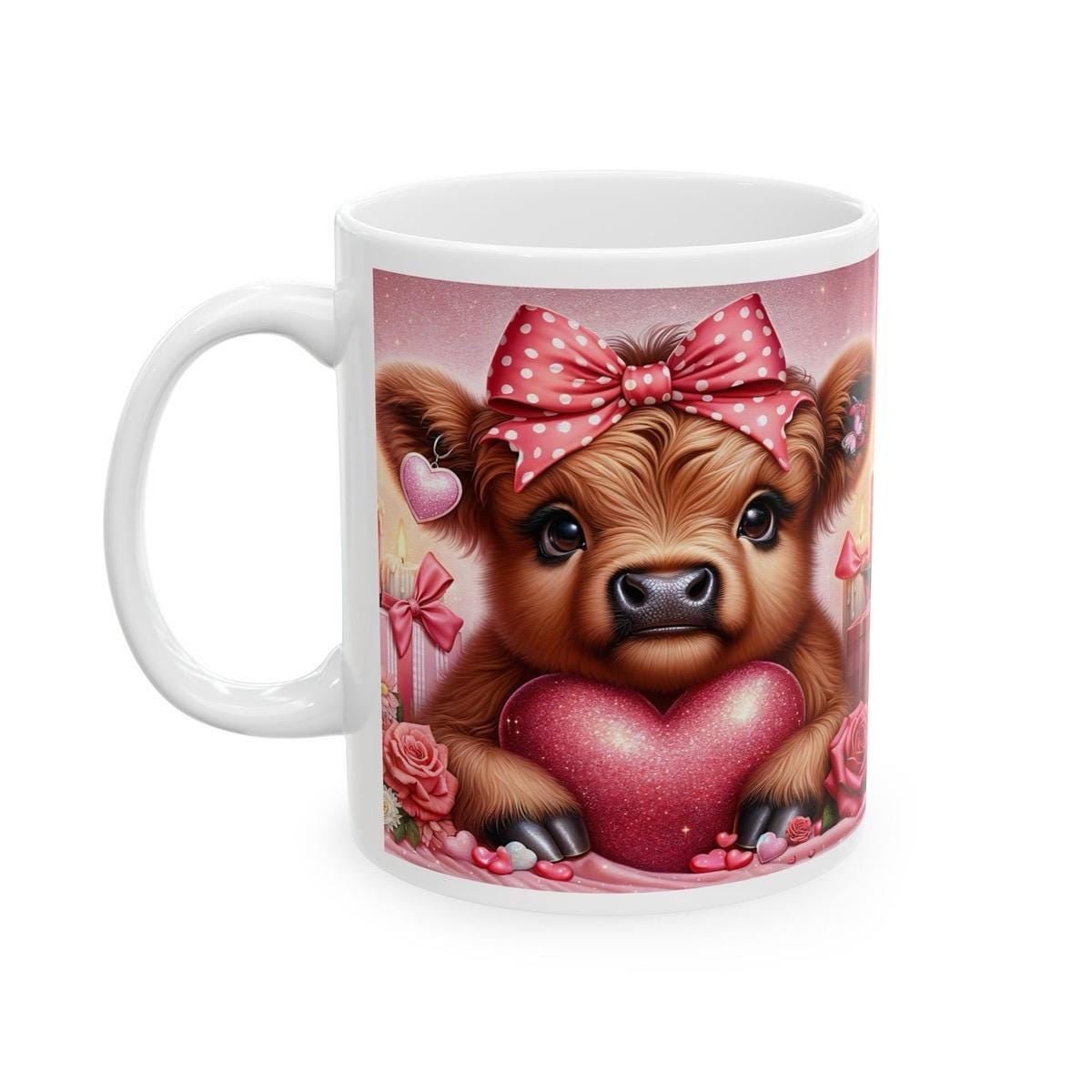 Highland cow valentines mug - love hearts - xmas gifts christmas drinkware washable reusable tumbler cup reuse coffee ceramic cute girly hea