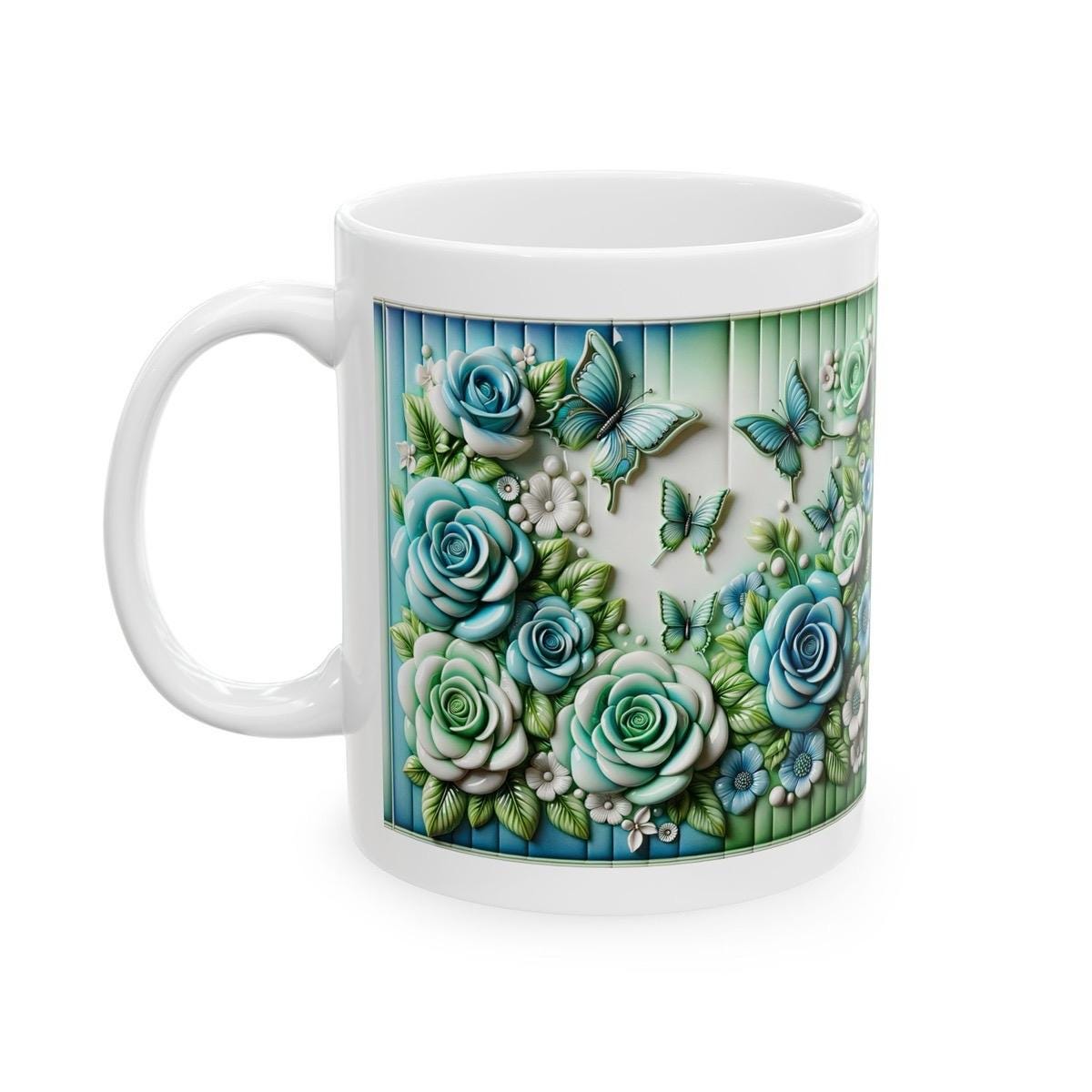 Blue green roses and butterflies 3d mug - perfect for your morning coffee - cup, drinkware tumblers bottles reusable washable ceramic