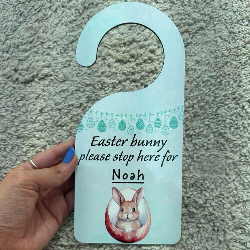 Personalised easter bunny please stop here door hanger for kids - pink/blue - hangable, ornaments, hanging, decoration, decor gift kids gift
