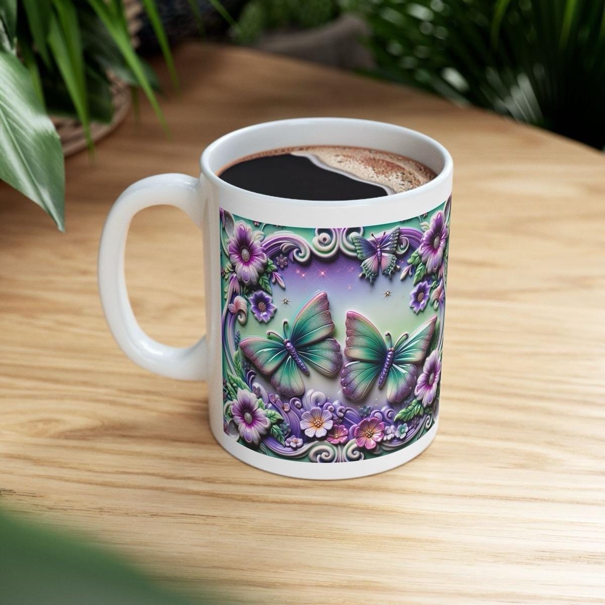 Butterfly flowers 3d mug - perfect for your morning drinks - drinkware coffee sturdy tumbler washable reusable reuse cup ceramic tea xmas mu