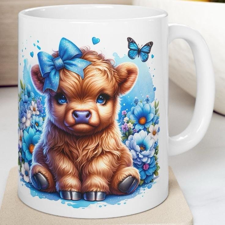 Cute highland cow 3d mug with blue bow in blue garden - perfect for your morning drinks - tumblers, drinkware washable cup reusable ceramic