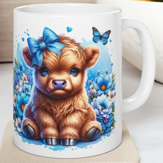 Cute highland cow 3d mug with blue bow in blue garden - perfect for your morning drinks - tumblers, drinkware washable cup reusable ceramic