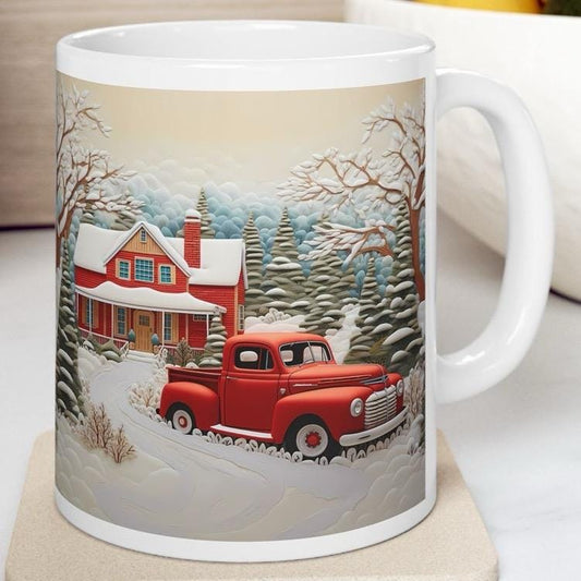 Retro truck and house christmas mug - secret santa stocking filler gift drinkware reusable tumbler reuse washable ceramic cup neutral mugs x