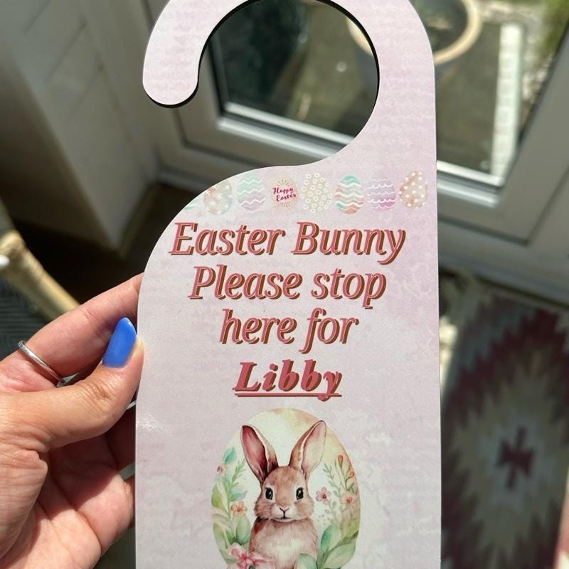 Personalised easter bunny please stop here door hanger door sign for kids - pink/blue - hangable, ornaments, hanging, decoration, decor gift