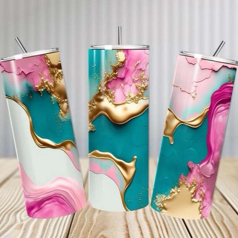 Cute girly marble tumbler 20oz pink blue gold - perfect for any occasion - drinkware, mug cup flasks bottles water bottles bottled portable