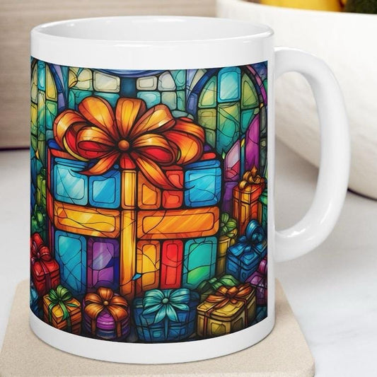 Stained glass design christmas present mug - secret santa stocking filler - drinkware tumbler cup reusable reuse washable ceramic coffee xma